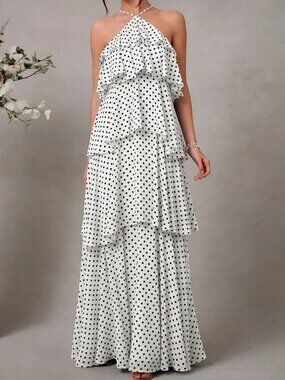 Black And White Sexy Women's Elegant Halter Tiered Chiffon Maxi Dress